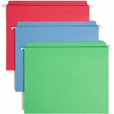 Smead FasTab Straight Tab Cut Letter Recycled Hanging Folder - 8 1/2" x 11" - Assorted Tab Position - 11 pt. - Blue, Green, Red - 10% Recycled - 18 / Box