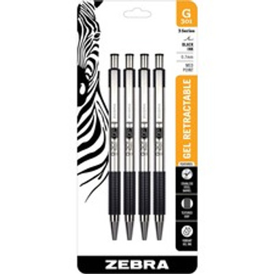 Zebra Pen STEEL 3 Series G-301 Retractable Gel Pen - 0.7 mm Pen Point - Refillable - Retractable - Black Ink - Gel-based - Metal Barrel - 4 / Pack