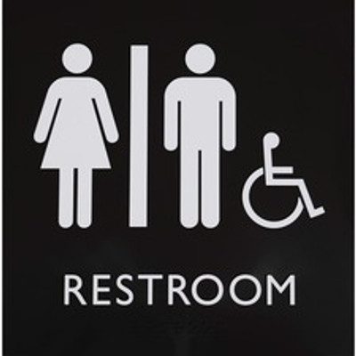Lorell Unisex Handicap Restroom Sign - Print/Message "Restroom (Man/Woman/Wheelchair)" - 8" Width x 8" Height - Square Shape - Surface-mountable - Easy Readability, Injection-molded - Restroom, Architectural - Plastic - Black - 1 Each