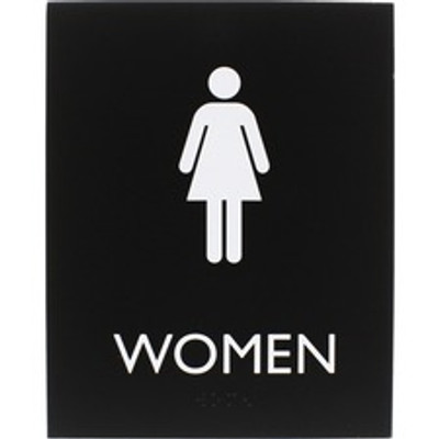 Lorell Women's Restroom Sign - Print/Message "Women" - 6.4" Width x 8.5" Height - Rectangular Shape - Surface-mountable - Easy Readability, Braille - Plastic - Black - 1 Each