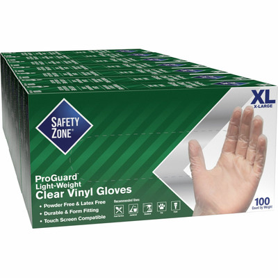 Safety Zone Powder Free Clear Vinyl Gloves - 9.25" Glove Length - X-Large Size - Clear - Latex-free, DEHP-free, DINP-free, PFAS-free - For Food Preparation, Cleaning - 100/Box - 10 / Carton