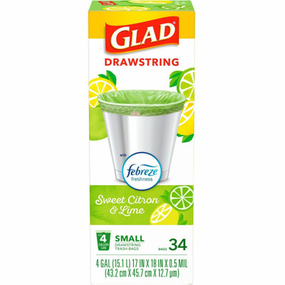 Glad Small Kitchen Drawstring Trash Bags - Febreze Sweet Citron & Lime - 4 gal Capacity - Drawstring Closure - Green - Home Office, Bathroom, Kitchen, Laundry - 34 / Box