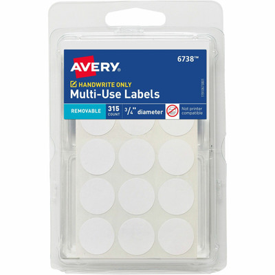 Avery Removable Multi-Use ID Labels on Small Sheets - Handwrite Only - 3/4" Diameter - Removable Adhesive - Round - White - Paper - Removable, Residue-free, Easy Peel - 15 / Sheet - 21 Total Sheets - 11340 Total Label(s) - 315/Pack - 36 / Carton