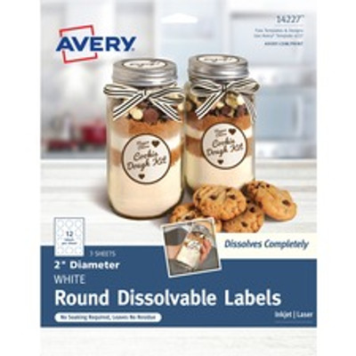 Avery&reg; Round Dissolvable Labels - Round - Laser, Inkjet - White - Paper - 12 / Sheet - 3 Total Sheets - 36 Total Label(s) - 18 / Carton