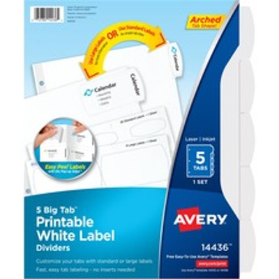 Avery&reg; Big Tab Printable White Label Dividers - 5 x Divider(s) - 5 - 5 Tab(s)/Set - 8.5" Divider Width x 11" Divider Length - 3 Hole Punched - White Paper Divider - White Paper Tab(s) - 20% Recycled - 36 / Carton