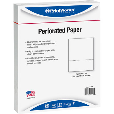 Printworks Pre-Perforated Paper for Invoices, Statements, Gift Certificates & More - Letter - 8 1/2" x 11" - 24 lb Basis Weight - Perforated - White - 500 / Ream