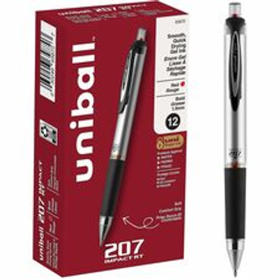 uniball&#8482; 207 Impact RT Gel Pens - 1 mm Bold Pen Point - Refillable - Retractable - Red Ink - Gel-based - Metallic Barrel - 1 Dozen