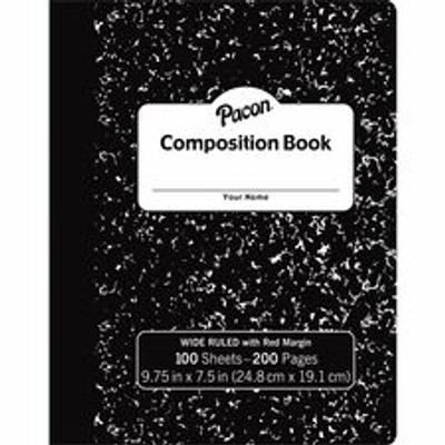 Pacon Composition Book - 100 Sheets - 200 Pages - Wide Ruled Front Ruling - 0.37" Ruled - Red Margin - 9.75" Height x 7.5" Width x 0.1" Length - White Paper - Black Marble Cover - Durable, Hard Cover - 1 Each