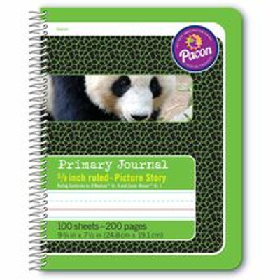Pacon Composition Book - 100 Sheets - 200 Pages - Spiral Bound - Short Way Ruled Front Ruling - 0.63" Ruled - 4.50" Picture Story Space - 7 1/2" x 9 3/4" Sheet Size - Green Cover - Recycled - 1 Each