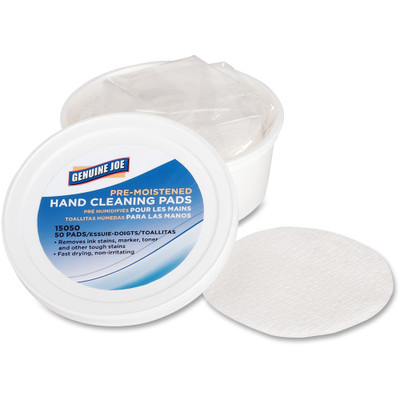 Genuine Joe Pre-moistened Hand Cleaning Pads - 3" Roll Diameter - WhitePack - 50/Pack - 72 / Carton