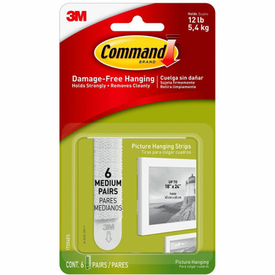 Command Medium Picture Hanging Strips - 2.75" Length x 0.75" Width - White - Rubber Resin Backing - 6 / Pack