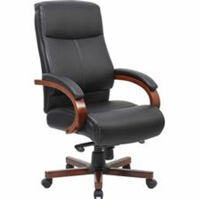 Lorell Executive High-Back Wood Finish Office Chair - Black Seat Color - Leather Seat Material - Black Back Color - Leather Back Material - High Back - 1 Each