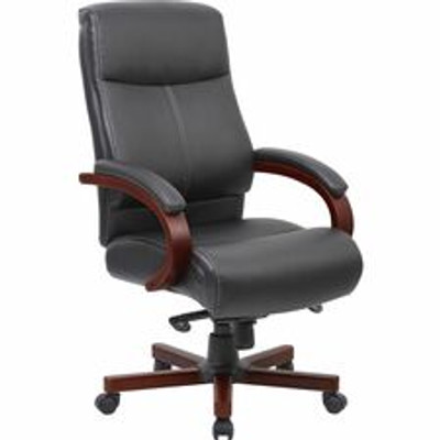 Lorell Executive High-Back Wood Finish Office Chair - Black Seat Color - Bonded Leather Seat Material - Black Back Color - Bonded Leather Back Material - High Back - Black, Mahogany - 1 Each