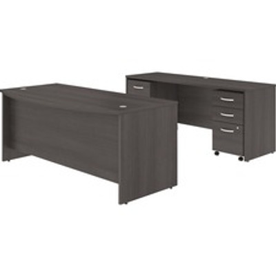 Bush Business Furniture Studio C 72W x 36D Bow Front Desk and Credenza with Mobile File Cabinets - x 72" Width x 36" Depth Front Desk, x 72" Width x 24" Depth Credenza Desk - 5 x Box, File Drawer(s) - Finish: Storm Gray, Thermofused Laminate (TFL)...