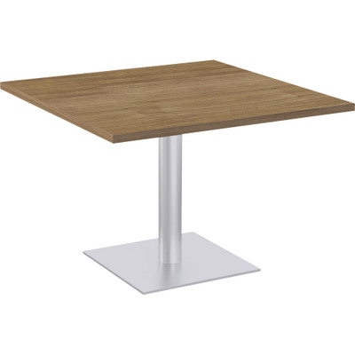 Special-T Sienna Cafe Table - Brown Square Top - Powder Coated, Metallic Silver Base - 42" Table Top Width x 42" Table Top Depth x 1.25" Table Top Thickness - 29" Height - Assembly Required - High Pressure Laminate (HPL), Particleboard Top Materia...