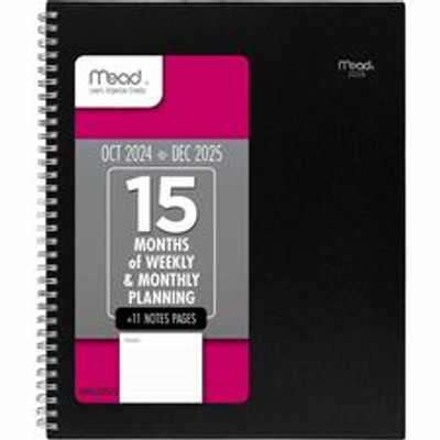Mead Basic Weekly Monthly Planner, Black, Large, 8 1/2" x 11" - Large - Weekly, Monthly - 15 Month - October 2025 to December 2026 - 1 Week, 1 Month Double Page Layout - 8 1/2" x 11" Sheet Size - Twin Wire - Black - Poly - Black Cover - Flexible C...