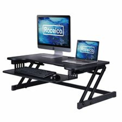 Rocelco DADR 37.4" Deluxe Adjustable Desk Riser - 17" Height x 37.40" Width x 23.30" Depth - Desk - Black - For Monitor, Notebook, Office, Workstation, Medical, Home Office, Student, Keyboard - Sit-stand, Sturdy, Ergonomic, Keyboard Tray, Grommet,...