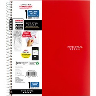 Five Star Wirebound Notebook - 1 Subject(s) - 100 Pages - Wire Bound - College Ruled Front Ruling - Letter - 8 1/2" x 11" Sheet Size - Red Cover - Double Sided Sheet, Durable, Water Resistant, Wear Resistant, Tear Proof, Spill Resistant, Pocket, O...