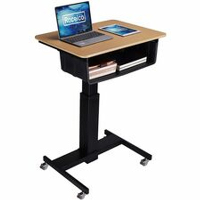 Rocelco Sit-to-Stand School Desk - 20 lb Load Capacity - 41" Height x 28" Width x 20" Depth - Desk - Wood Grain - Brown - For School, Monitor, Notebook, Student, Storage, Classroom, Book, Office Supplies - Gas Spring, Sit-stand, Adjustable, Lockab...