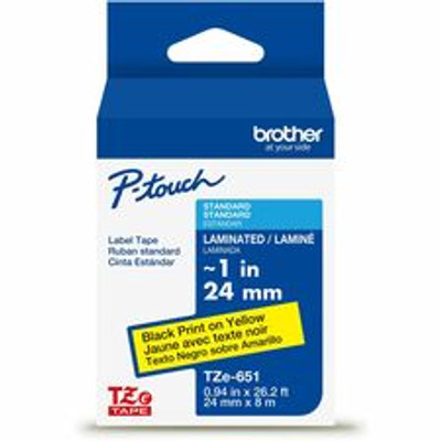 Brother Genuine P-touch TZe651 BK on YL Label Tape, Laminated, 24mmX8m - 15/16" Width - Yellow - Laminated - Water Resistant - Durable, Abrasion Resistant, Chemical Resistant, Grease Resistant, Grime Resistant, Temperature Resistant, Fade Resistan...