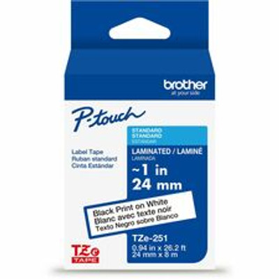 Brother Genuine P-touch TZe251 BK on WHT Label Tape, Laminated, 24mmX8m - 15/16" Width - White - Laminated - Water Resistant - Durable, Abrasion Resistant, Chemical Resistant, Grease Resistant, Grime Resistant, Temperature Resistant, Fade Resistan...