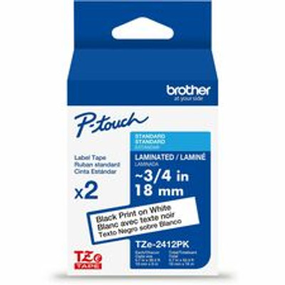 Brother Genuine P-touch TZe2412PK BK on WHT Label Tapes, Laminated, 18mmX8m each - 45/64" Width - White - Laminated - Water Resistant - Durable, Abrasion Resistant, Chemical Resistant, Grease Resistant, Grime Resistant, Temperature Resistant, Fade...
