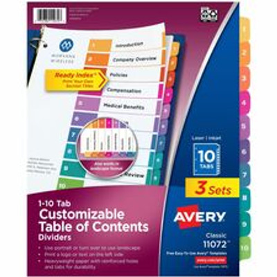 Avery Dividers, 10 Tabs, Ready Index (3 Sets of 11072) - 30 x Divider(s) - 30 Tab(s) - Digit - 1-10 - 10 Tab(s)/Set - 8.5" Divider Width x 11" Divider Length - 3 Hole Punched - White Paper Divider - Multicolor Paper Tab(s) - 20% - Hole-punched, Pr...