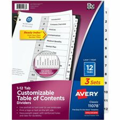 Avery Dividers, 12 Tabs, Ready Index (3 Sets of 11078) - 36 x Divider(s) - 36 Tab(s) - Digit - 1-12 - 12 Tab(s)/Set - 8.5" Divider Width x 11" Divider Length - 3 Hole Punched - White Paper Divider - White Paper Tab(s) - Hole-punched, Printable, Pr...