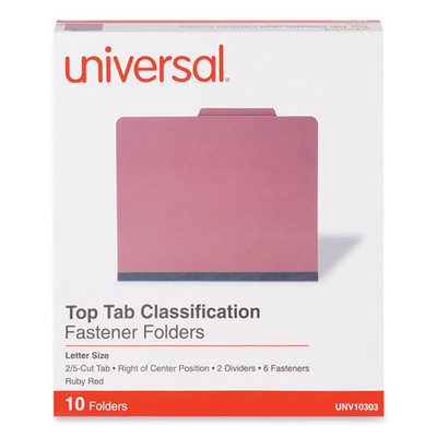 Bright Colored Pressboard Classification Folders, 2 Dividers, Letter Size, Ruby Red, 10/box