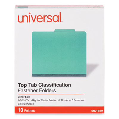Bright Colored Pressboard Classification Folders, 2 Dividers, Letter Size, Emerald Green, 10/box