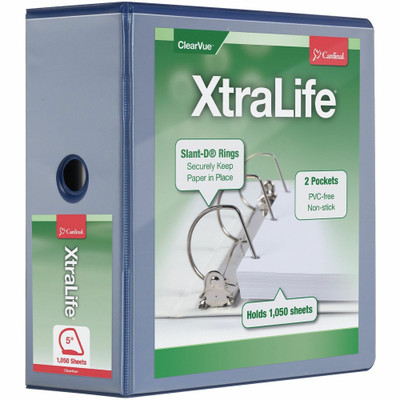 Cardinal&reg; Xtralife ClearVue Locking Slant-D Binder - 5" Binder Capacity - Letter - 8 1/2" x 11" Sheet Size - 1100 Sheet Capacity - 4 3/8" Spine Width - 3 Ring(s) - Fastener(s): D-Ring - Pocket(s): 2, Inside Front & Back - Polyolefin - Blue - 2...