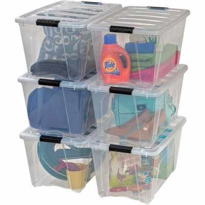 IRIS Stackable Clear Storage Boxes - Internal Dimensions: 16.10" Length x 11.60" Width x 12.20" Height - External Dimensions: 22" Length x 16.5" Width x 13" Height - 13.25 gal - Latch Lock, Buckle Closure - Stackable - Clear, Black - For Shoes, Bl...