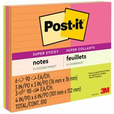 Post-it&reg; Super Sticky Notes - Energy Boost Color Collection - 3" Flag/Note Width x 3" Flag/Note Length, 4" Flag/Note Width x 6" Flag/Note Length - Square, Rectangle - 90 Sheets per Pad - Vital Orange, Tropical Pink, Limeade - Paper - Sticky, R...