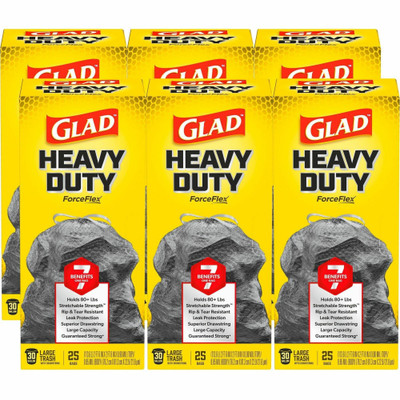 Glad ForceFlexPlus Large Drawstring Trash Bags - Large Size - 30 gal Capacity - 25.13" Length x 24" Width - Drawstring Closure - Black - Plastic - Home, Office, Can, Kitchen, Day Care, Restaurant, School, Commercial, Breakroom, Cafeteria - 25/Box ...
