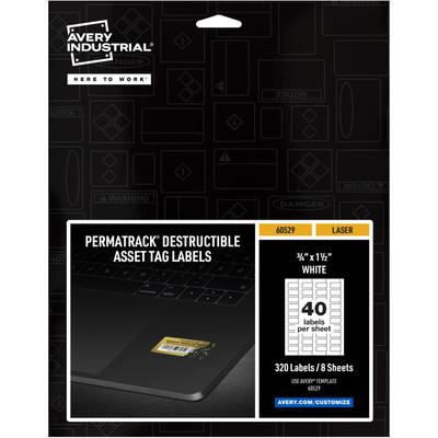 Avery&reg; PermaTrack Destructible Asset Tag Labels, 3/4" x 1-1/2" , 320 Asset Tags - Waterproof - 3/4" Widthss x 1 1/2" Length - Permanent Adhesive - Rectangle - Laser - White - Film - PVC-free, Print-to-the Edge, Permanent Adhesive, Durable, Che...