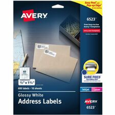 Avery&reg; Address Labels, Glossy White, 2/3" x 1-3/4" , 600 Total (6523) - 2/3" Height x 1 3/4" Width - Permanent Adhesive - Rectangle - Laser, Inkjet - Glossy - White - Paper - Permanent Adhesive, Peel & Stick, Pop Up Edge - 60 / Sheet - 10 Tota...