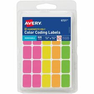 Avery&reg; Removable Labels, 1/2" x 3/4" , Neon, 525 Total (6721) - 3/4" Height x 1/2" Width x 3/4" Length - Removable Adhesive - Rectangle - Neon Pink, Neon Yellow, Neon Orange, Neon Green - Paper - Removable, Residue-free - 25 / Sheet - 21 Total...
