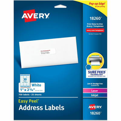 Avery&reg; Easy Peal Sure Feed Address Labels - 1" Widthss x 2 5/8" Length - Permanent Adhesive - Rectangle - Inkjet, Laser - Matte White - Matte - Paper - Permanent Adhesive, Peel & Stick, Smudge-free, Stick & Stay, Jam Resistant, Peeling Resista...