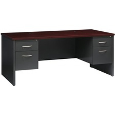 Lorell Fortress Modular Series Double-Pedestal Desk - 72" Width x 36" Depth, x 1.1" Thickness Top - 2 x Box, File Drawer(s) - Double Pedestal - Material: Steel - Finish: Mahogany Laminate, Charcoal - Scratch Resistant, Stain Resistant, Ball-bearin...