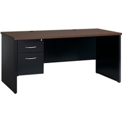 Lorell Fortress Modular Series Left-Pedestal Desk - 66" Width x 30" Depth, x 1.1" Thickness Top - 2 x Box, File Drawer(s) - Single Pedestal on Left Side - Material: Steel - Finish: Walnut Laminate, Black - Scratch Resistant, Stain Resistant, Ball-...