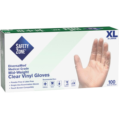 Safety Zone Powder Free Clear Vinyl Gloves - 9.25" Glove Length - X-Large Size - Unisex - Clear - Latex-free, Comfortable, Allergen-free, Silicone-free, DINP-free, DEHP-free - For General Purpose, Cleaning, Food, Janitorial Use, Cosmetics, Paintin...