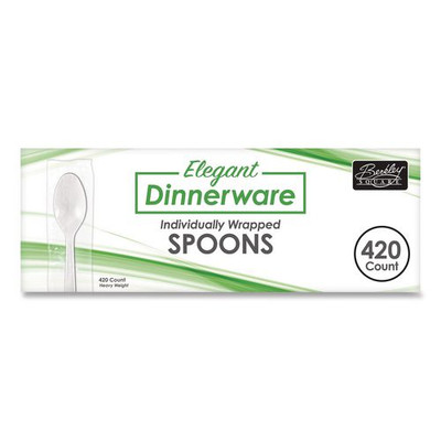 Elegant Dinnerware Heavyweight Cutlery, Individually Wrapped, Spoon, Plastic, White, 420/Box