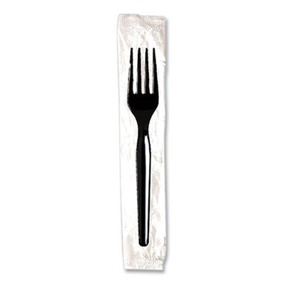Individually Wrapped Mediumweight Polystyrene Cutlery, Fork, Plastic, Black, 1,000/Carton