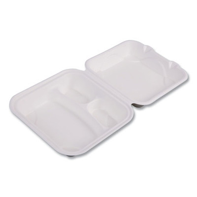 Vanguard Renewable and Compostable Sugarcane Clamshells, 3 Compartments, 8 x 8 x 3, White, 200/Carton