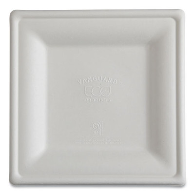 Vanguard Renewable and Compostable Sugarcane Plates, 10 x 10, White, 250/Carton
