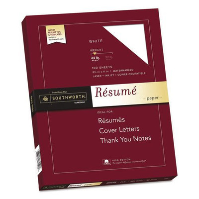 100% Cotton Resume Paper, 95 Bright, 24 Lb, 8.5 X 11, White, 100/pack