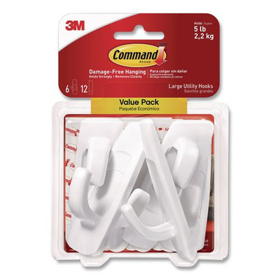 Large Utility Hooks, Plastic, White, Supports 5 lb, 6/Pack