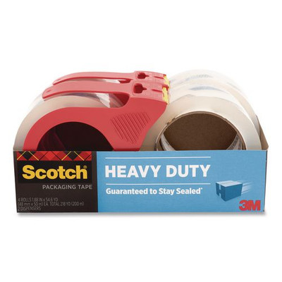 Heavy-Duty Packaging Tape with 2 Dispensers, 3"Core, 1.88" x 54.6 yds, Clear, 4 Rolls/Pack