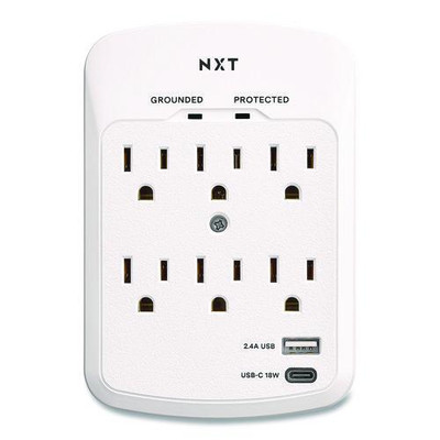 6-Outlet Plus USB Outlet Surge Protector, 6 AC Outlets/2 USB Ports, 900 J, White