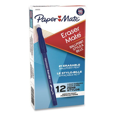 Eraser Mate Ballpoint Pen, Stick, Medium 1 mm, Blue Ink, Blue Barrel, Dozen
